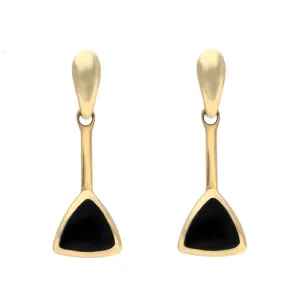 9ct Yellow Gold Whitby Jet Curved Triangle Drop Earrings