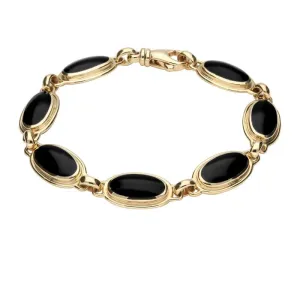 9ct Yellow Gold Whitby Jet Long Oval Ribbed Bracelet