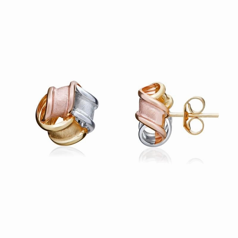9ct Brushed Yellow, White and Rose Gold 7mm Knot Stud Earrings