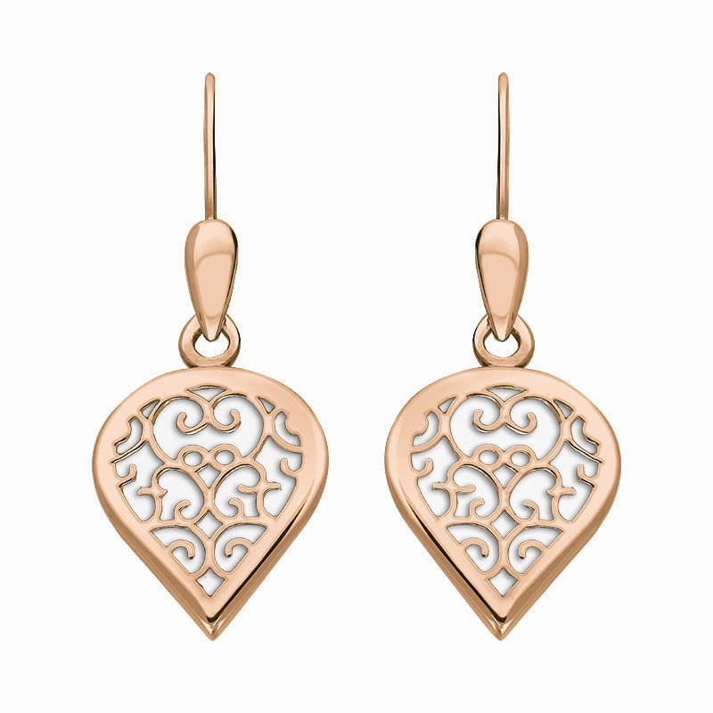 9ct Rose Gold Bauxite Flore Filigree Heart Drop Earrings