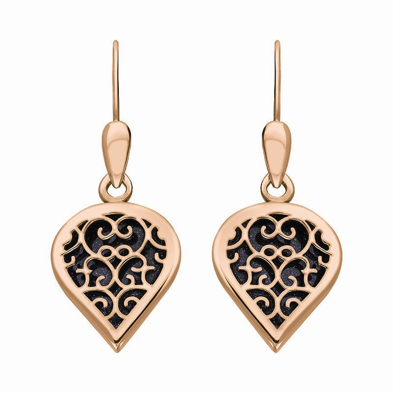 9ct Rose Gold Blue Goldstone Flore Filigree Heart Drop Earrings