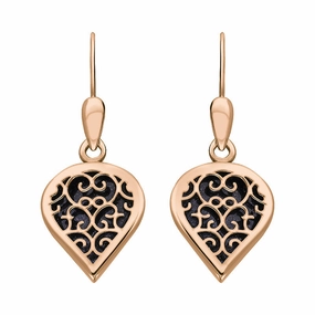 9ct Rose Gold Blue Goldstone Flore Filigree Heart Drop Earrings