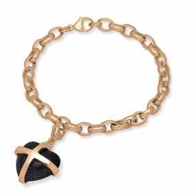 9ct Rose Gold Blue Goldstone Large Cross Heart Charm Bracelet