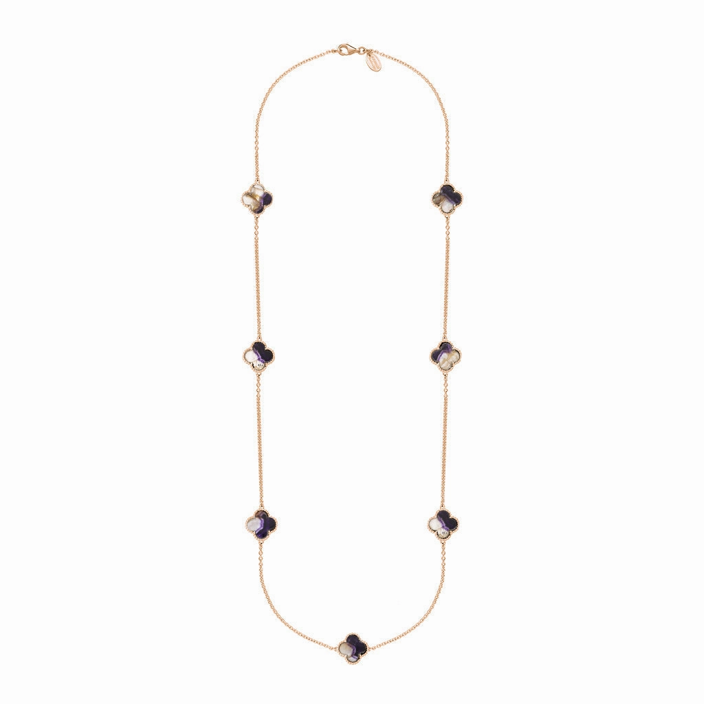 9ct Rose Gold Blue John Bloom Four Leaf Clover Ball Edge Long Necklace