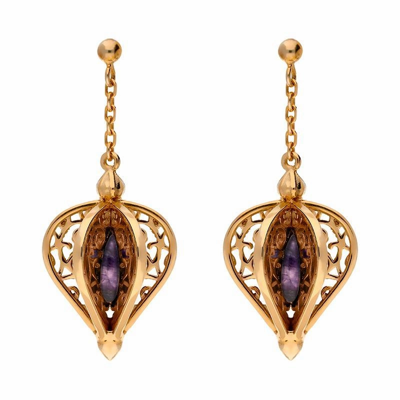 9ct Rose Gold Blue John Flore Filigree Drop Earrings