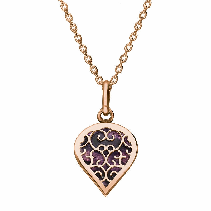9ct Rose Gold Blue John Flore Filigree Small Heart Necklace
