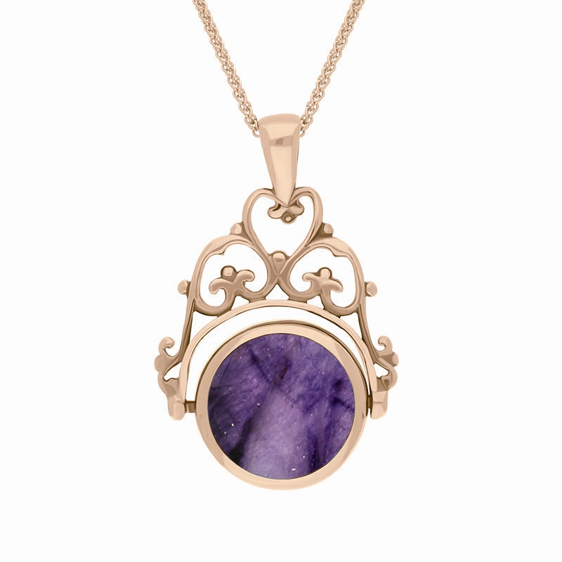 9ct Rose Gold Blue John Mother Of Pearl Double Sided Round Swivel Fob Necklace