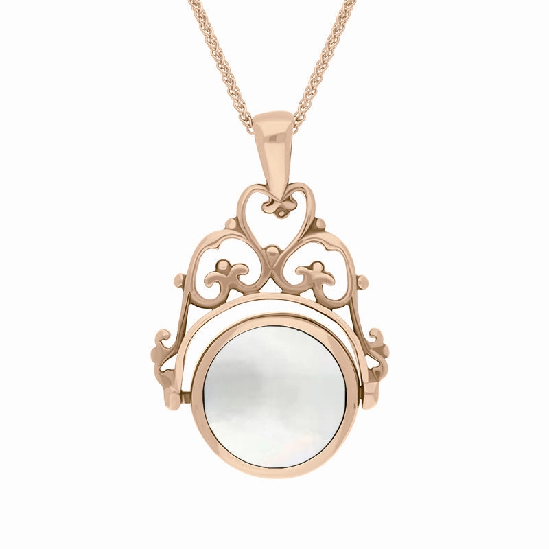 9ct Rose Gold Blue John Mother Of Pearl Double Sided Round Swivel Fob Necklace