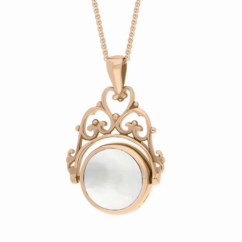 9ct Rose Gold Blue John Mother Of Pearl Double Sided Round Swivel Fob Necklace