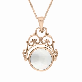 9ct Rose Gold Blue John Mother Of Pearl Double Sided Round Swivel Fob Necklace