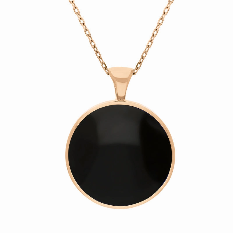 9ct Rose Gold Blue John Whitby Jet Large Double Sided Round Fob Necklace