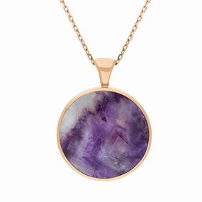 9ct Rose Gold Blue John Whitby Jet Large Double Sided Round Fob Necklace