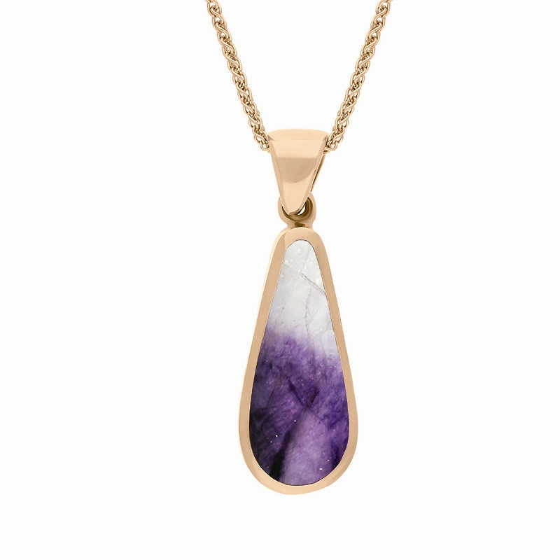 9ct Rose Gold Blue John Whitby Jet Small Double Sided Pear Cut Fob Necklace