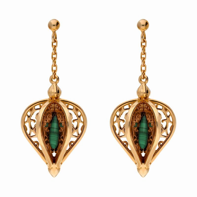 9ct Rose Gold Malachite Flore Filigree Drop Earrings