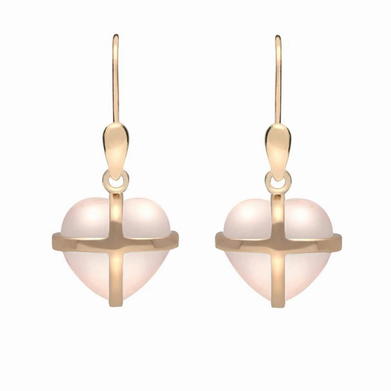 9ct Rose Gold Rose Quartz Small Cross Heart Drop Earrings