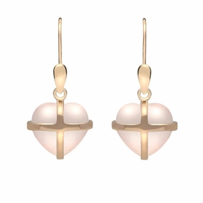 9ct Rose Gold Rose Quartz Small Cross Heart Drop Earrings
