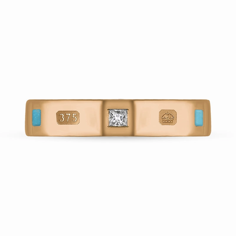 9ct Rose Gold Turquoise 0.09ct Diamond Queen's Jubilee Hallmark Princess Cut 4mm Ring D