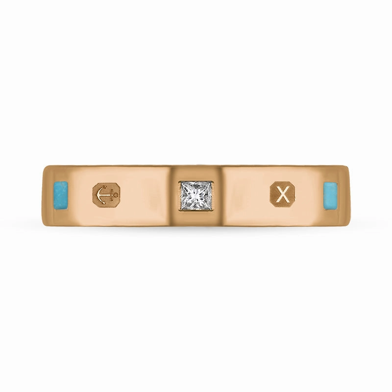 9ct Rose Gold Turquoise 0.09ct Diamond Queen's Jubilee Hallmark Princess Cut 4mm Ring D