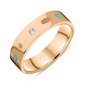 9ct Rose Gold Turquoise 0.12ct Diamond Queen's Jubilee Hallmark Princess Cut 5mm Ring D