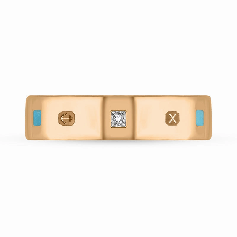 9ct Rose Gold Turquoise 0.12ct Diamond Queen's Jubilee Hallmark Princess Cut 5mm Ring D
