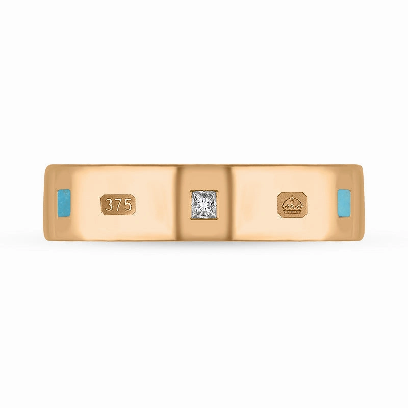 9ct Rose Gold Turquoise 0.12ct Diamond Queen's Jubilee Hallmark Princess Cut 5mm Ring D