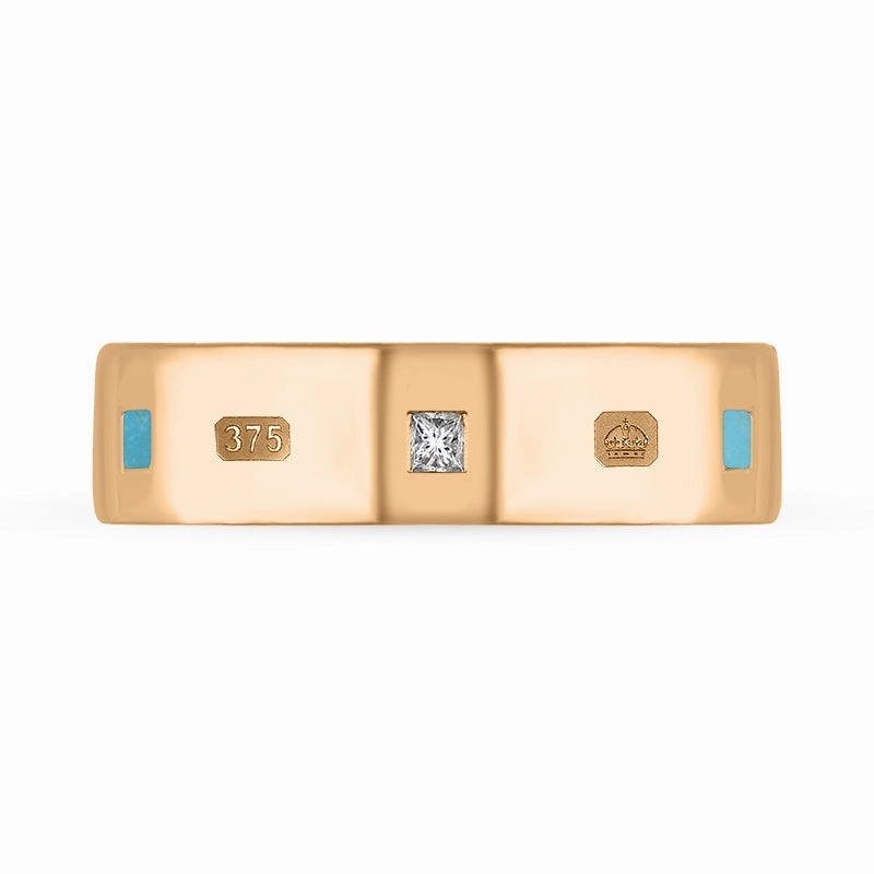 9ct Rose Gold Turquoise 0.18ct Diamond Queen's Jubilee Hallmark Princess Cut 6mm Ring D