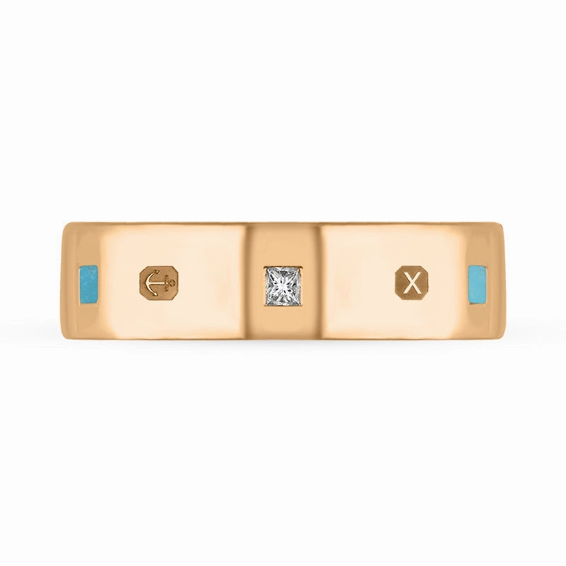 9ct Rose Gold Turquoise 0.18ct Diamond Queen's Jubilee Hallmark Princess Cut 6mm Ring D