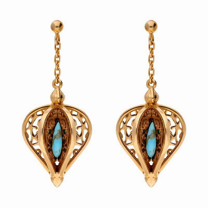 9ct Rose Gold Turquoise Flore Filigree Drop Earrings