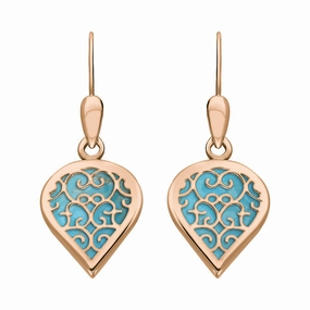 9ct Rose Gold Turquoise Flore Filigree Heart Drop Earrings