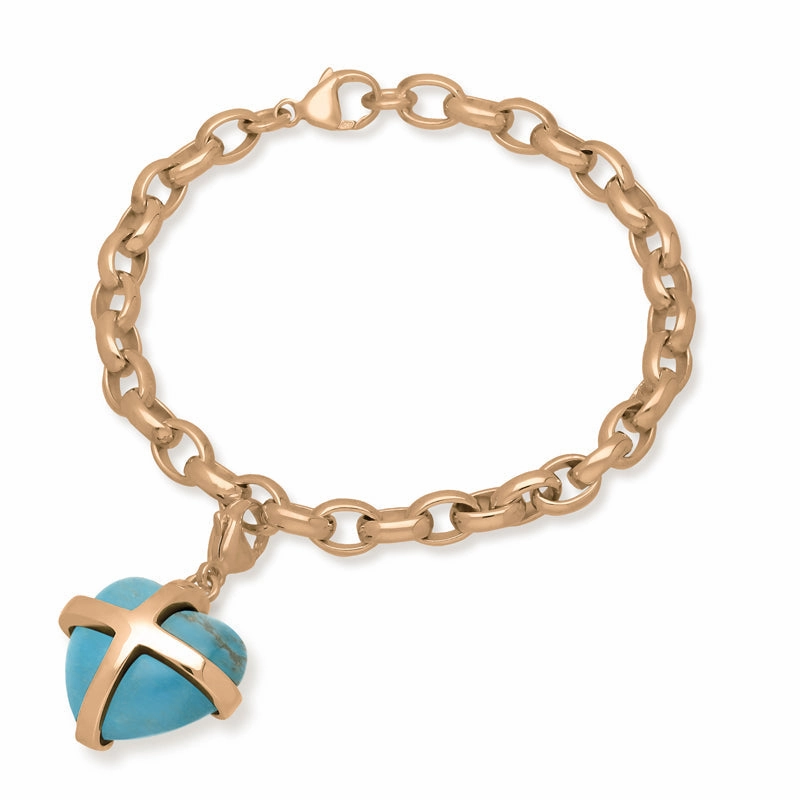 9ct Rose Gold Turquoise Large Cross Heart Charm Bracelet