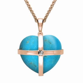 9ct Rose Gold Turquoise Marcasite Medium Cross Heart Necklace