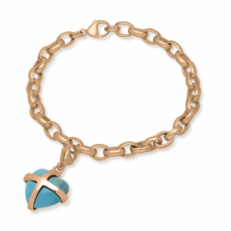 9ct Rose Gold Turquoise Medium Cross Heart Charm Bracelet