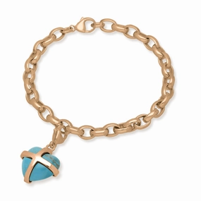 9ct Rose Gold Turquoise Medium Cross Heart Charm Bracelet