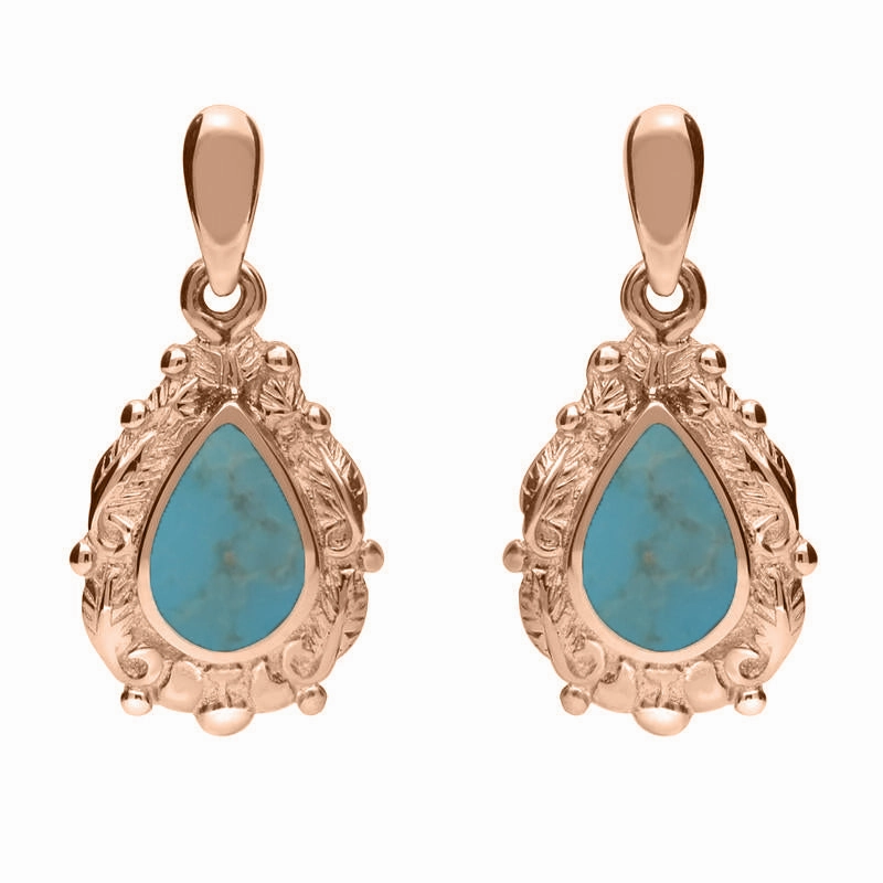 9ct Rose Gold Turquoise Pear Shaped Leaf Drop Earrings