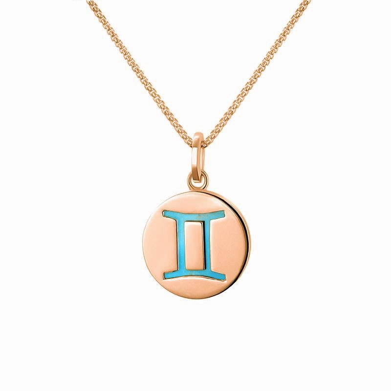 9ct Rose Gold Turquoise  Zodiac Gemini Round Necklace