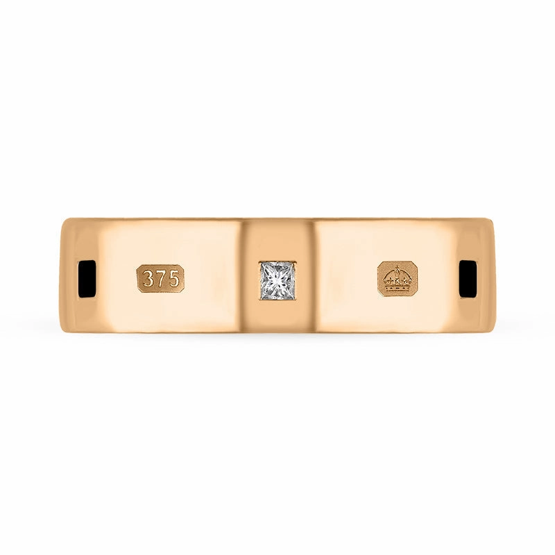 9ct Rose Gold Whitby Jet 0.18ct Diamond Queen's Jubilee Hallmark Princess Cut 6mm Ring D