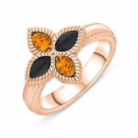 9ct Rose Gold Whitby Jet And Amber Eden Marquise Flower Ring