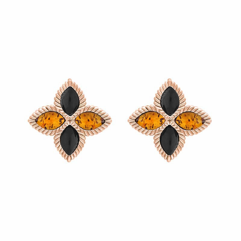 9ct Rose Gold Whitby Jet And Amber Eden Marquise Flower Stud Earrings