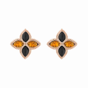 9ct Rose Gold Whitby Jet And Amber Eden Marquise Flower Stud Earrings