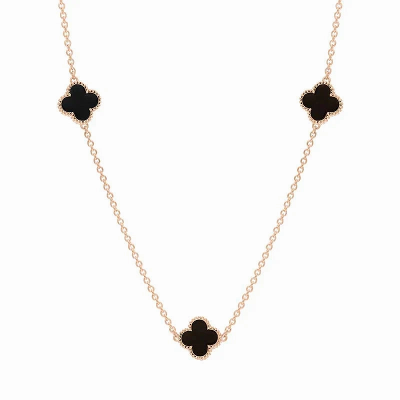 9ct Rose Gold Whitby Jet Bloom Four Leaf Clover Ball Edge Necklace
