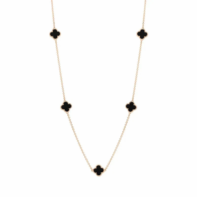 9ct Rose Gold Whitby Jet Bloom Four Leaf Clover Ball Edge Necklace