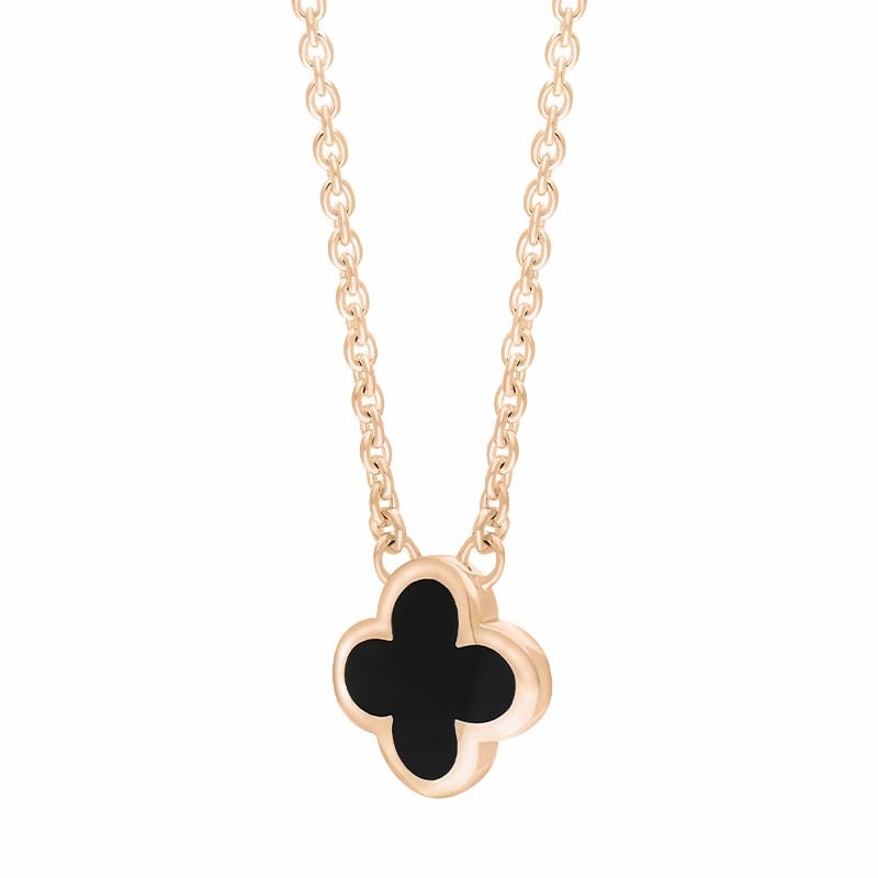 9ct Rose Gold Whitby Jet Bloom Small Four Leaf Clover Polished Edge Pendant