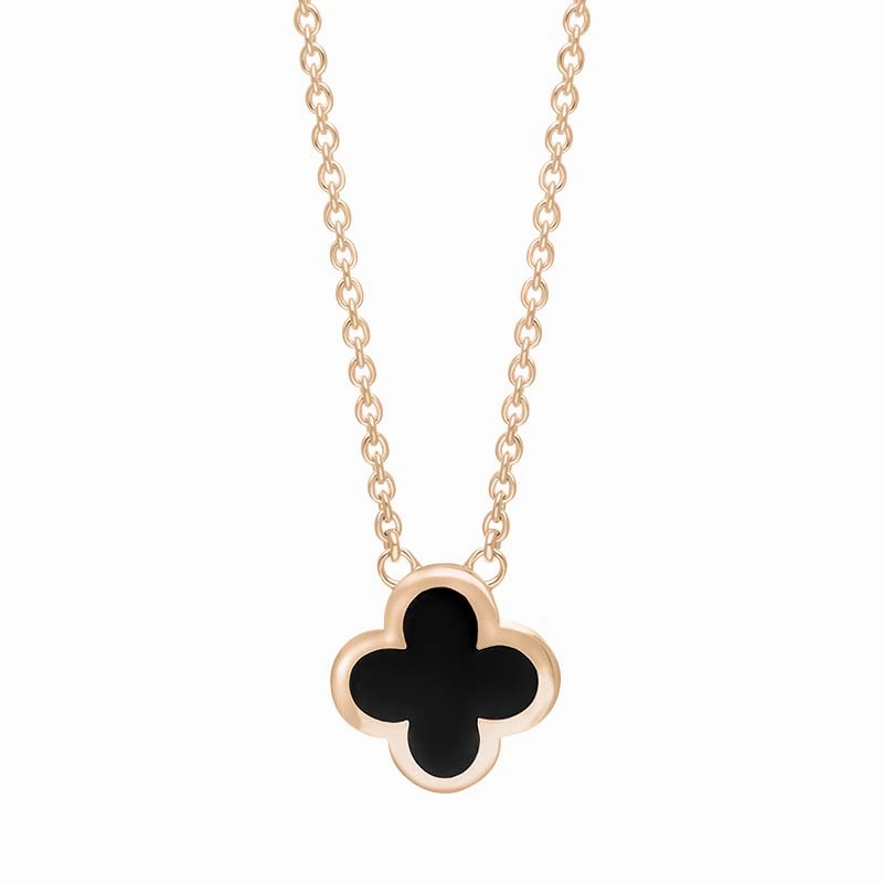 9ct Rose Gold Whitby Jet Bloom Small Four Leaf Clover Polished Edge Pendant