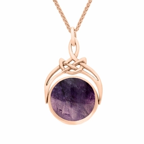 9ct Rose Gold Whitby Jet Blue John Round Swivel Fob Necklace