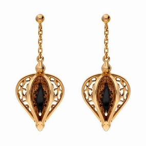 9ct Rose Gold Whitby Jet Flore Filigree Drop Earrings