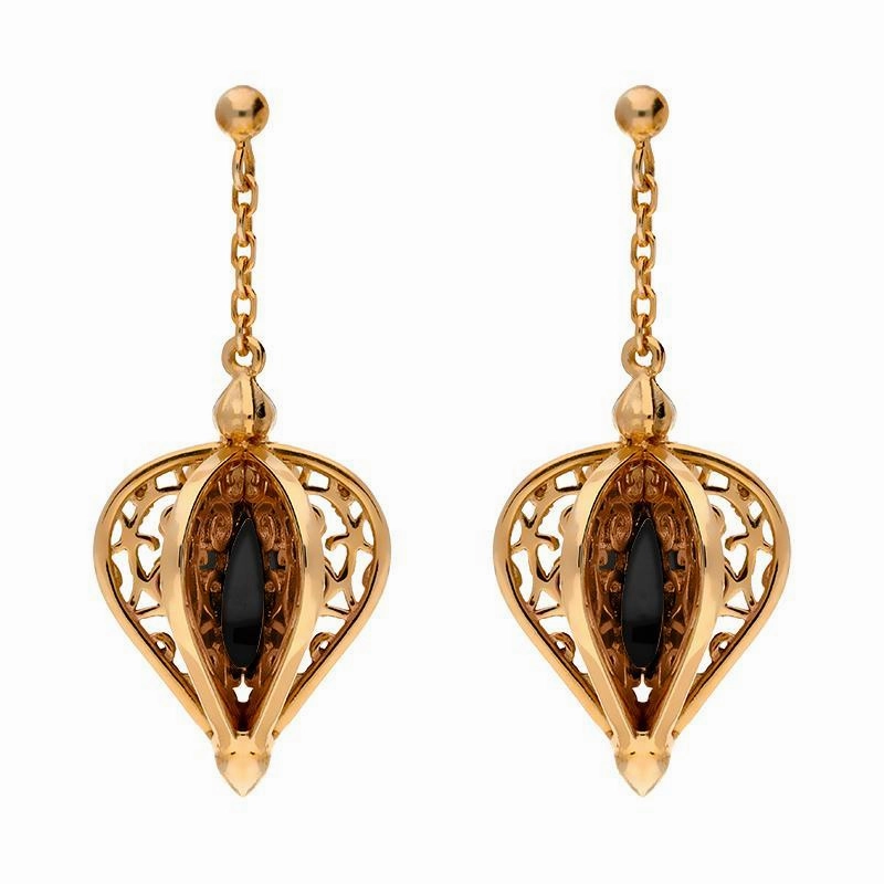 9ct Rose Gold Whitby Jet Flore Filigree Drop Earrings