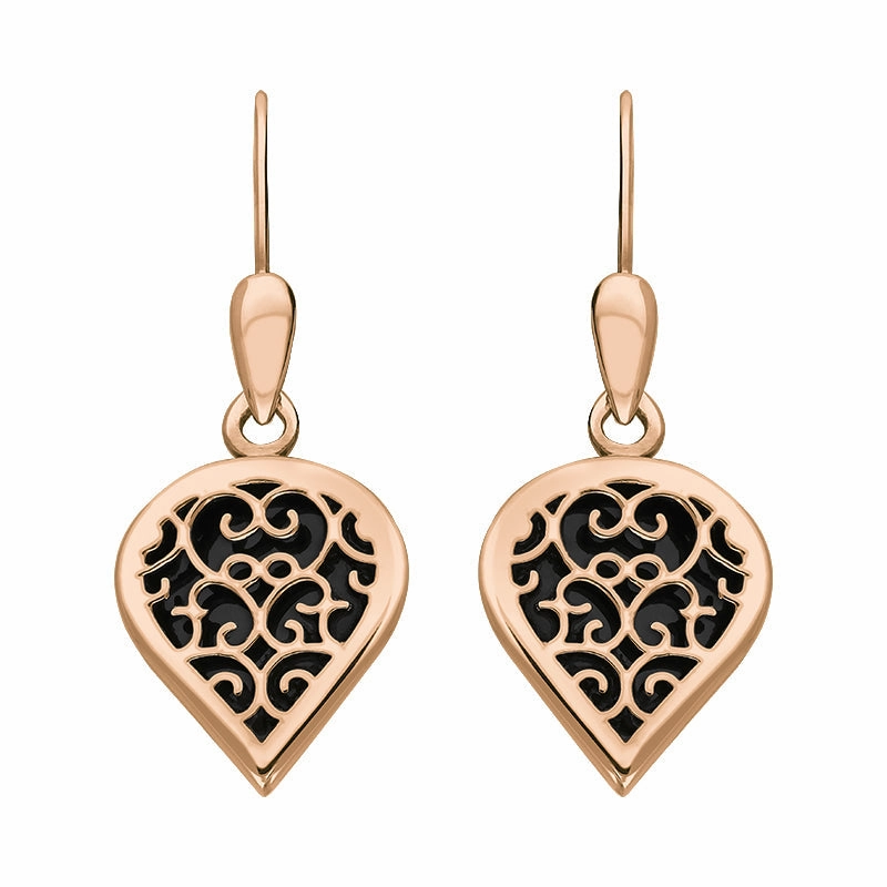 9ct Rose Gold Whitby Jet Flore Filigree Heart Drop Earrings