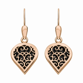 9ct Rose Gold Whitby Jet Flore Filigree Heart Drop Earrings