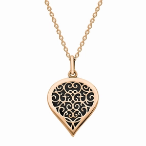 9ct Rose Gold Whitby Jet Flore Filigree Medium Heart Necklace