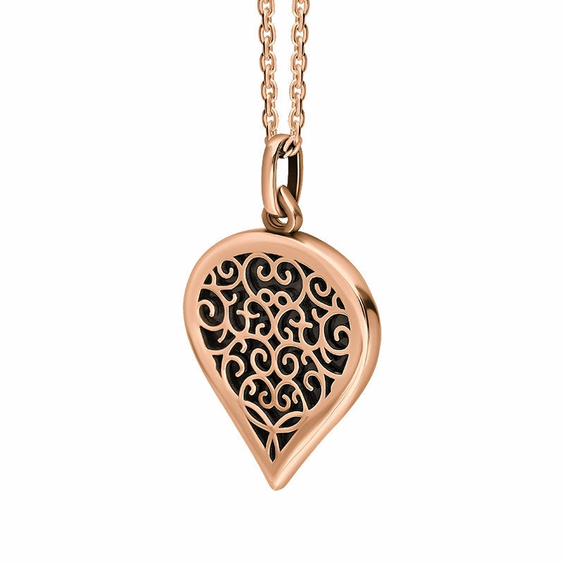 9ct Rose Gold Whitby Jet Flore Filigree Medium Heart Necklace